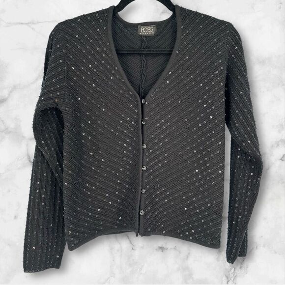 Vintage BCBG Maxazria Women's Knit Sequin Beaded Cardigan Sweater Black Small - Picture 1 of 8